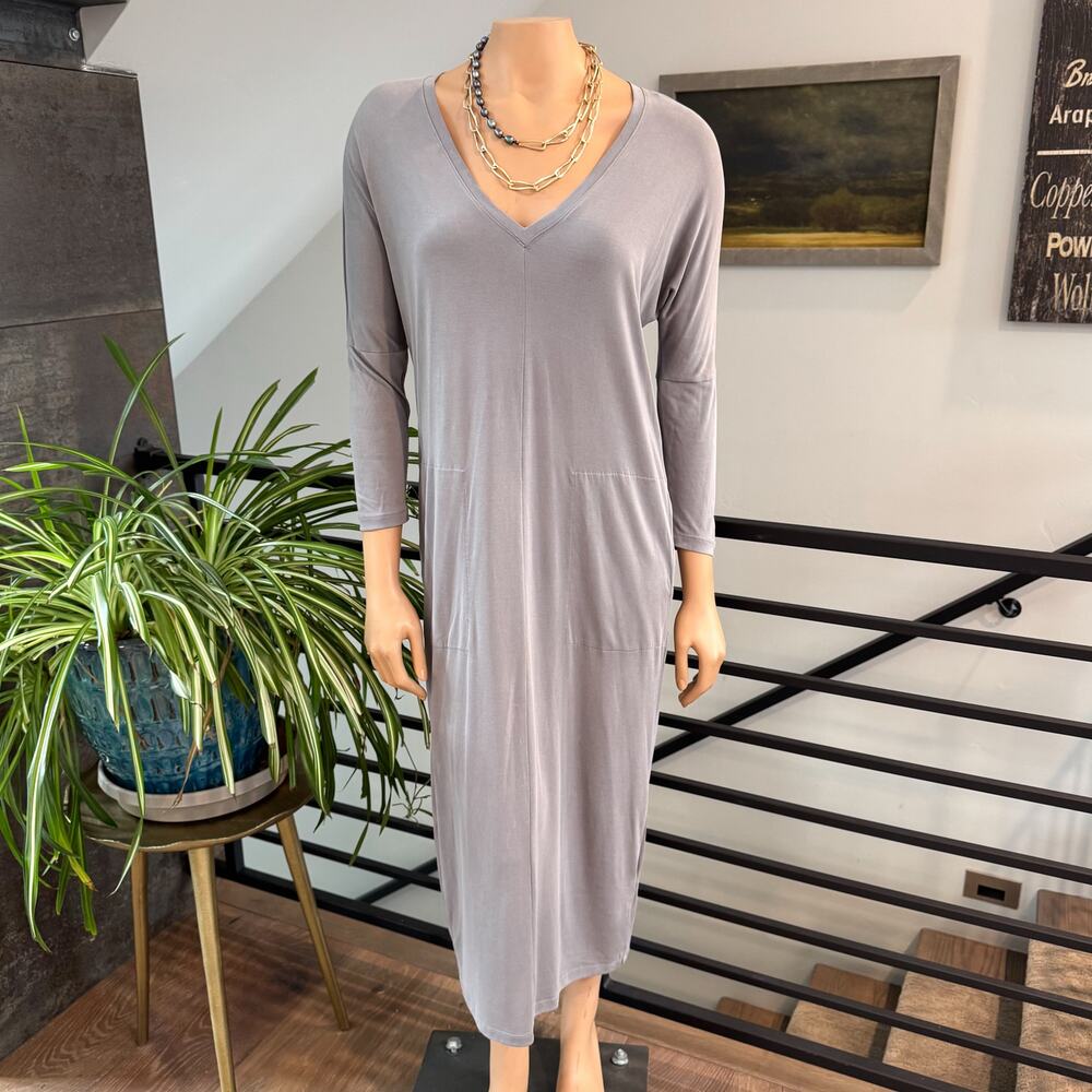 Lucky Brand Sandwash V-Neck Midi Dress Grey Pockets Minimalist 7W72114 - Small
